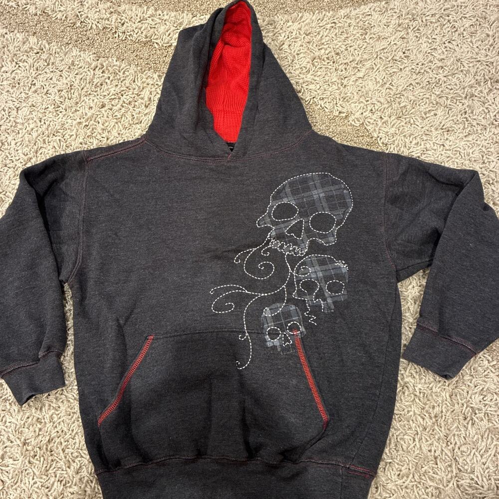 Y2k Vtg Hybrid Tees Hoodie Men's M Skull Grunge Red Thermo Lined Hood